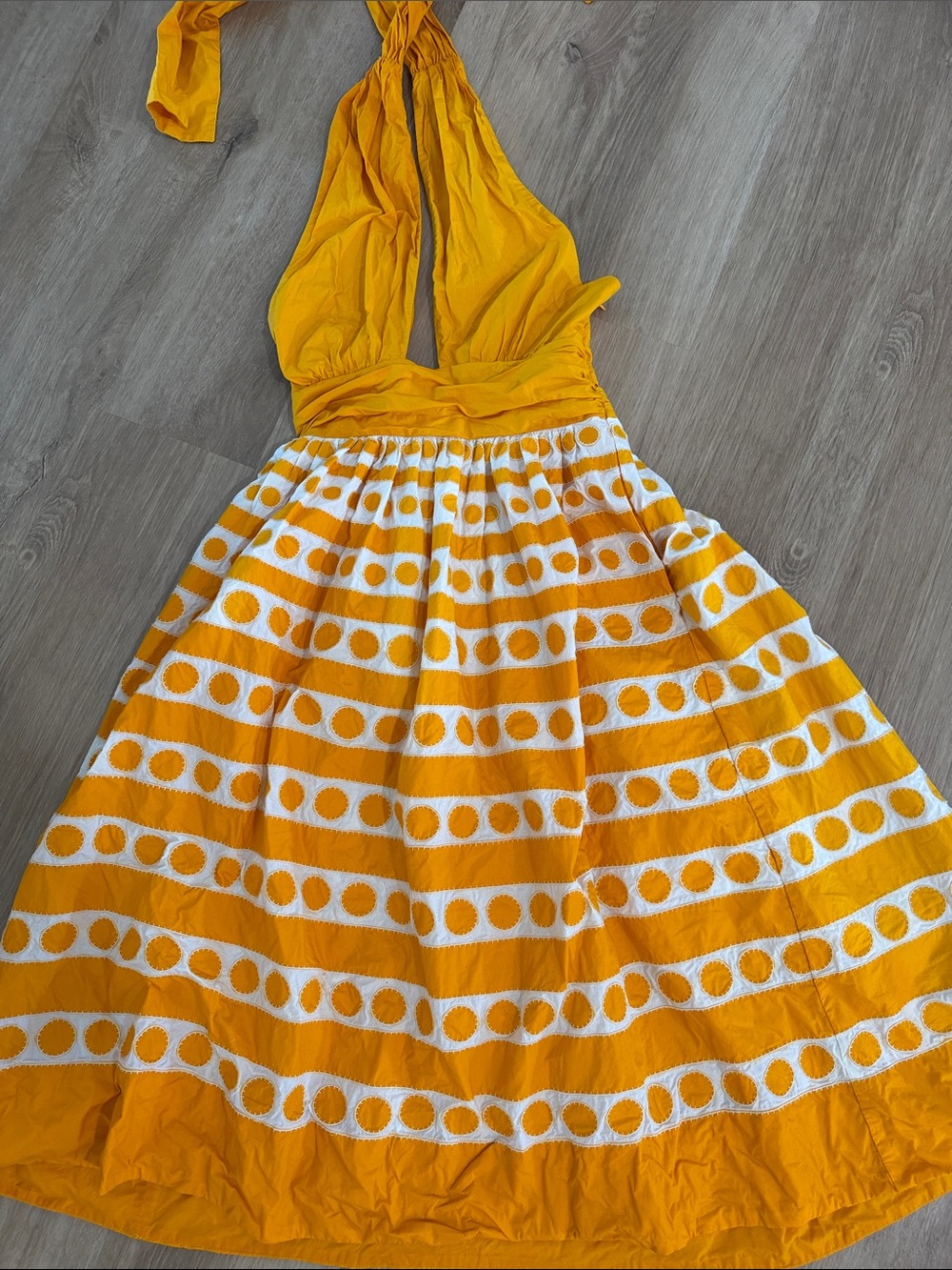 Maeve Yellow Halter Polka-Stripe Midi Dress